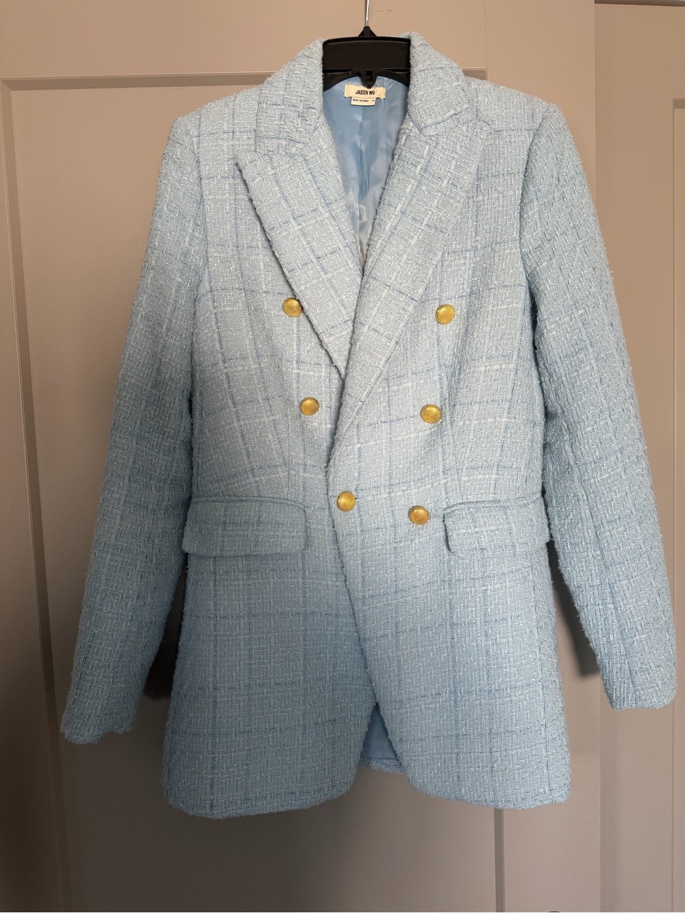 Jason Wu Light Blue Tweed Double-Breasted Blazer with Gold Buttons